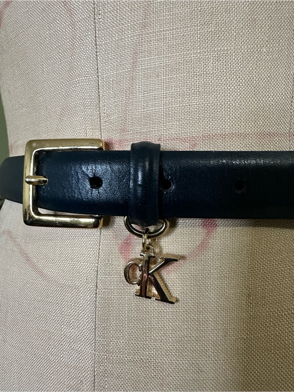 Calvin Klein CK Navy blue Genuine Leather 1” wide Belt with Gold CK charm